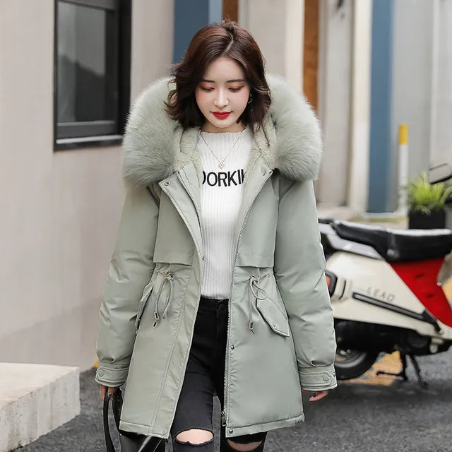 Women Parka Long Coat Wool Liner Hooded