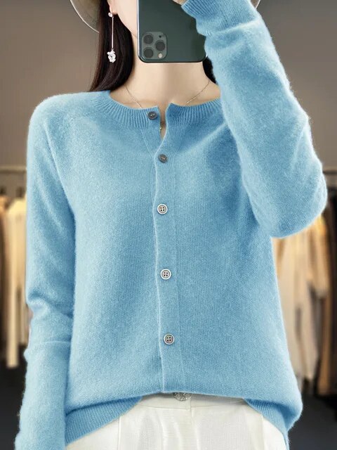 Women's Long Sleeve Round Neck Cashmere Cardigan