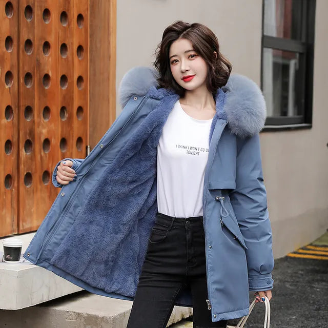 Women Parka Long Coat Wool Liner Hooded