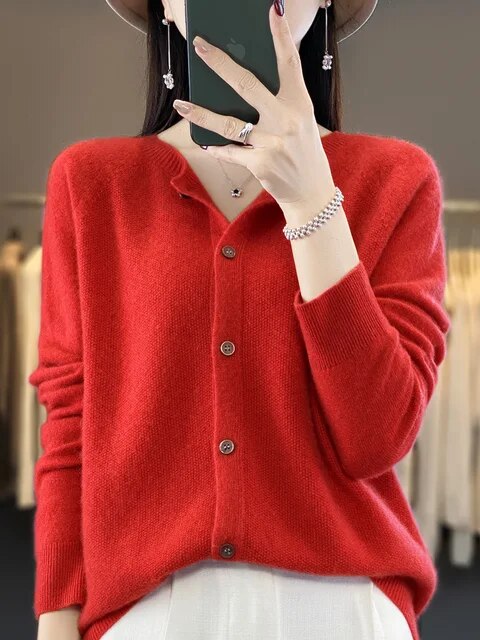 Women's Long Sleeve Round Neck Cashmere Cardigan