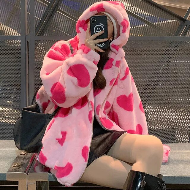 Heart-shaped Print Plush Jacket Women