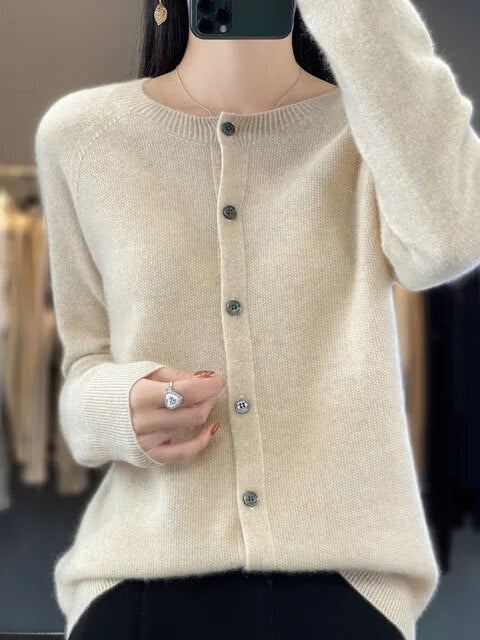 Women's Long Sleeve Round Neck Cashmere Cardigan