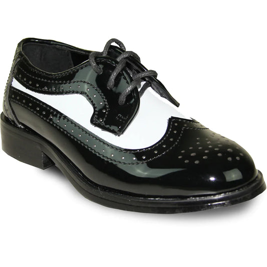 VANGELO Boy Dress Shoe TAB-3KID Oxford Formal Tuxedo for Prom & Wedding Black/White Patent Two Tone-0