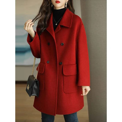 Mid-length wool coat for women in oatmeal color