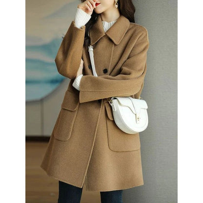 Mid-length wool coat for women in oatmeal color