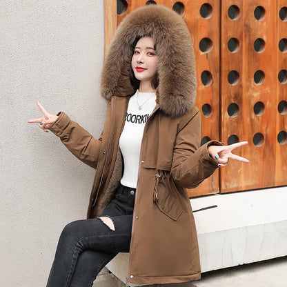 Women Parka Long Coat Wool Liner Hooded