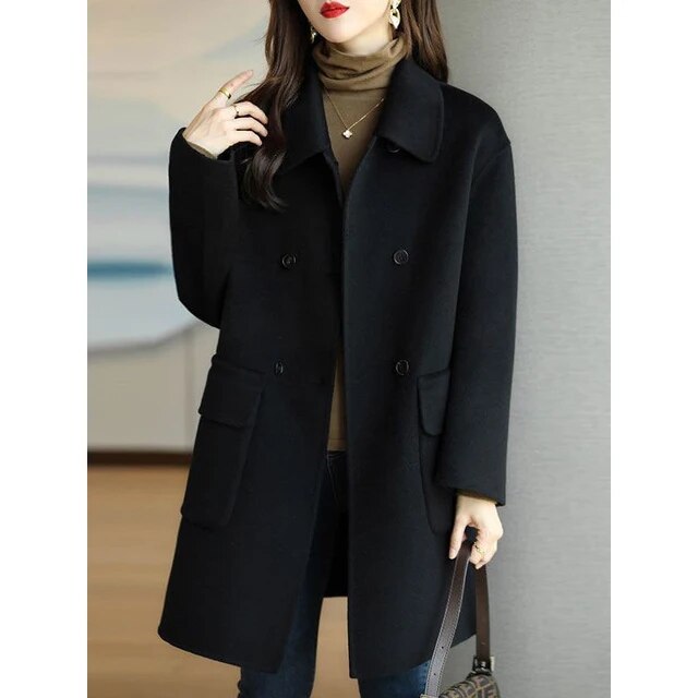 Mid-length wool coat for women in oatmeal color