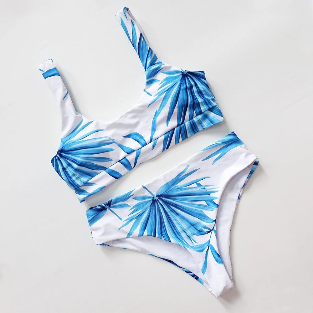 Tropical Palm Leaf High Waist Bikini