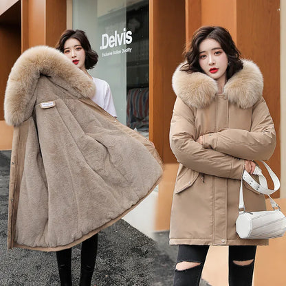 Women Parka Long Coat Wool Liner Hooded