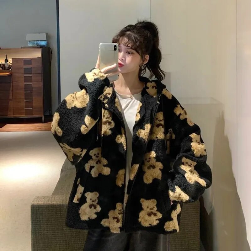 Heart-shaped Print Plush Jacket Women