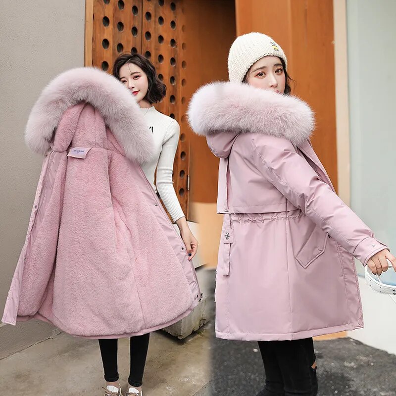 Women Parka Long Coat Wool Liner Hooded