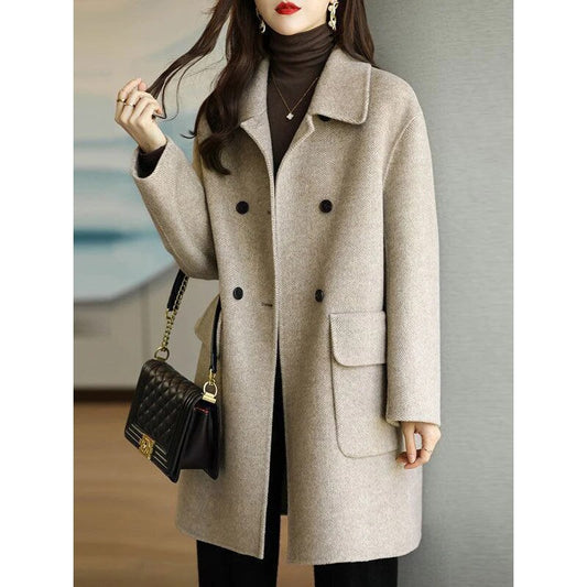 Mid-length wool coat for women in oatmeal color