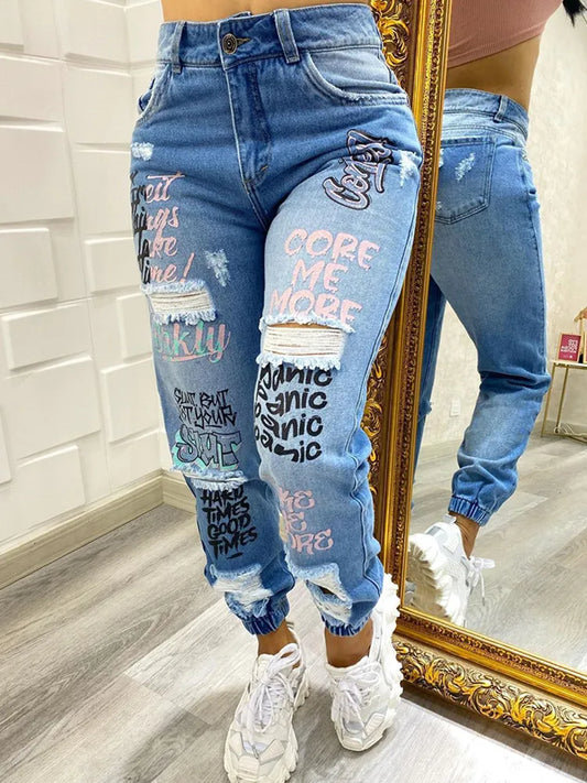 Letter Print  Ripped Jeans Casual  Women