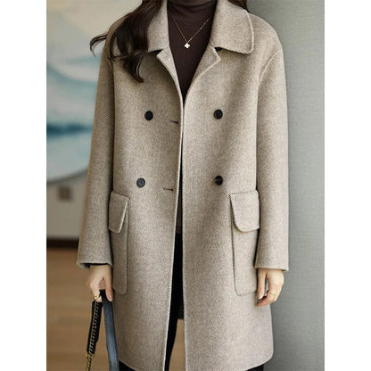 Mid-length wool coat for women in oatmeal color