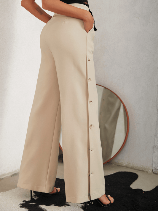 Side Button Pleated Wide Leg Pants ladies